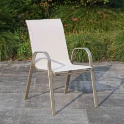 Beige & Champagne Sling Stacking Chair -Patio Furniture Sales Store beige champagne sling stacking chair 6