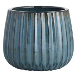 Blue Ribbed Round Clay Pot, Medium