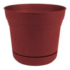 Burnt Red Textured Saturn Planter With Saucer, 14"