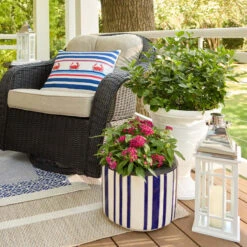 Providence Indoor Blue & White Striped Ceramic Pot, Large -Patio Furniture Sales Store providence indoor blue white striped ceramic pot large 1