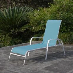 Stackable Aquarelle Blue Sling Outdoor Chaise Lounge Chair With White Frame -Patio Furniture Sales Store stackable aquarelle blue sling outdoor chaise lounge chair with white frame 6