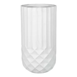 Tall White Cylindrical Diamond Ribbed Shadow Planter, 24.5"