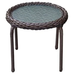 Tempered Glass Top Outdoor Wicker End Table, Brown -Patio Furniture Sales Store tempered glass top outdoor wicker end table brown 1
