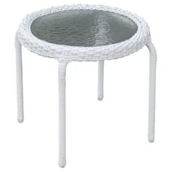 Tempered Glass Top Outdoor Wicker End Table, White